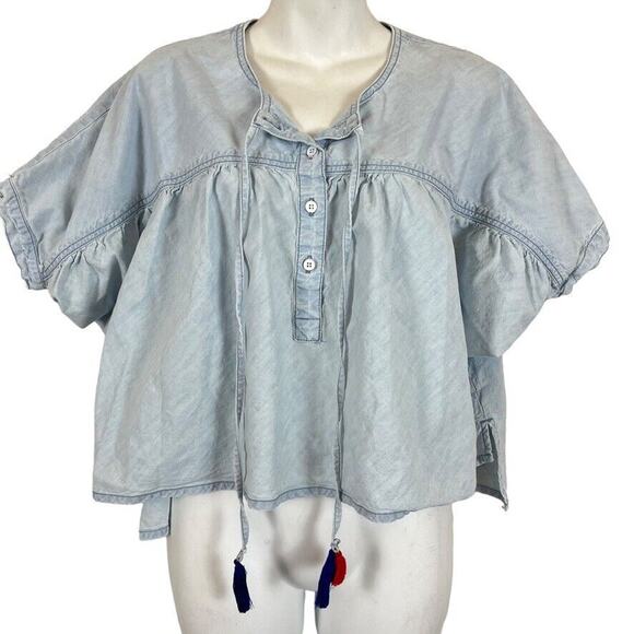 Lucky Brand Tops - Lucky Brand Shirred Button Front Popover Chambray Denim Blue Top Shirt sz XS